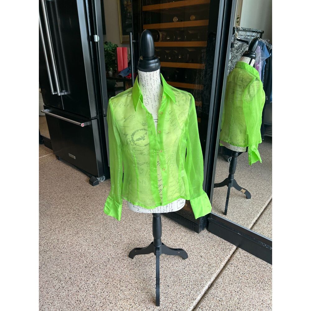 ABS Allen Schwartz Vintage Y2K Lime Green Sheer Button Down Blouse Top Size M